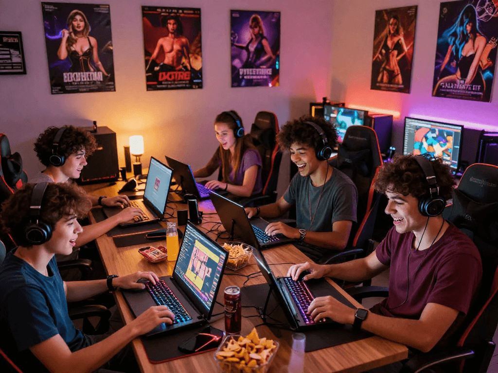 Young adults enjoying sex games in a vibrant gaming room with colorful accessories.