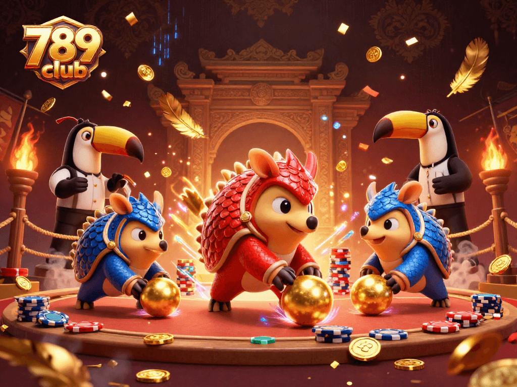 The 789 club features animated pangolins amid poker chips, showcasing thrilling game action and casino excitement.