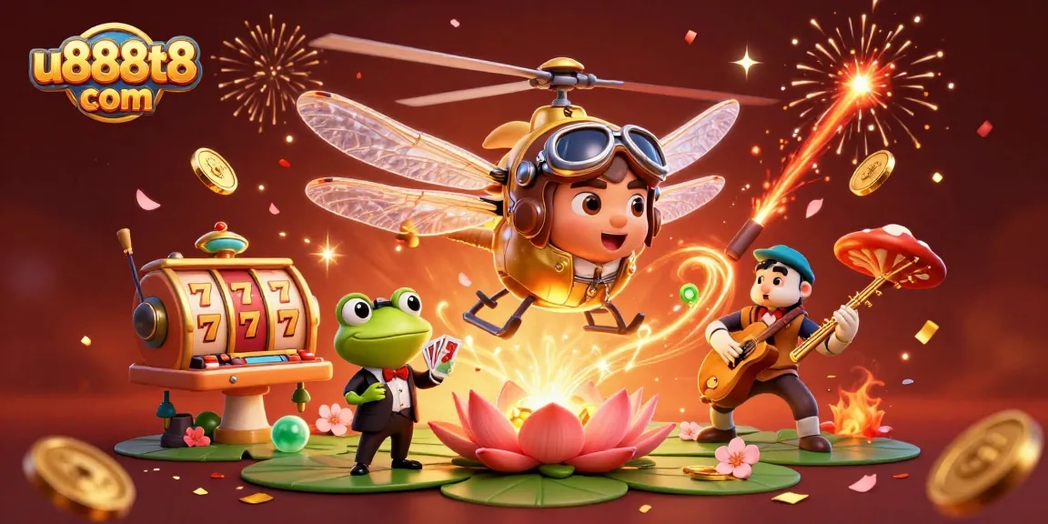 Play exciting games at u888t8 com with vibrant visuals featuring a dragonfly pilot and casino action.