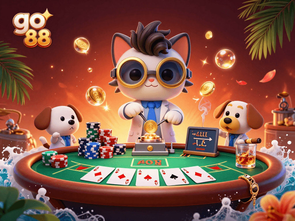 Engage in the excitement of go 88 with a thrilling scene featuring a scientist cat and dog, surrounded by poker elements.