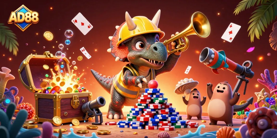 AD88 showcases a lively scene with a triceratops and friends celebrating winning moments and colorful treasures.