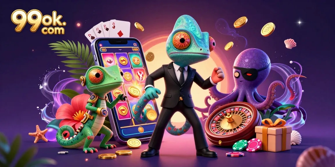 Join the thrilling world of 99ok. com with our vibrant casino illustration showcasing exciting games and characters.