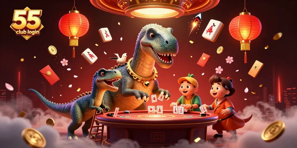 Engage with 55 club login in a dynamic casino scene featuring a dinosaur and card dealer.