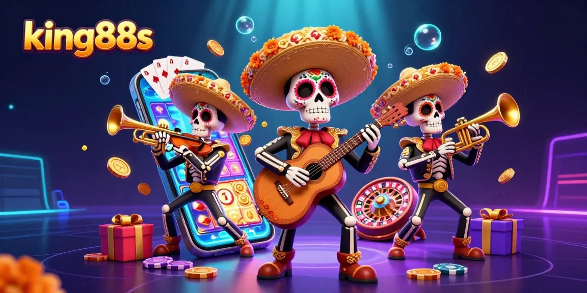 Experience the excitement of king88s with vibrant Day of the Dead skeletons celebrating gambling fun!
