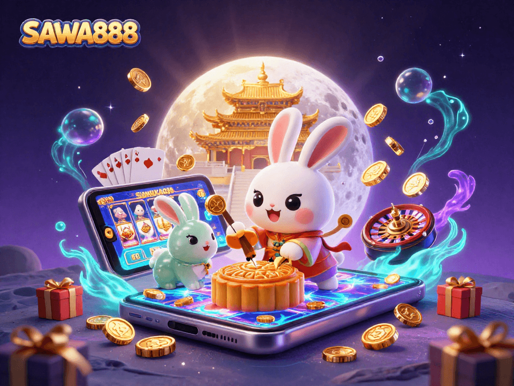 Engage with SAWA888's thrilling gaming experience showcasing vibrant slot games and iconic symbols.
