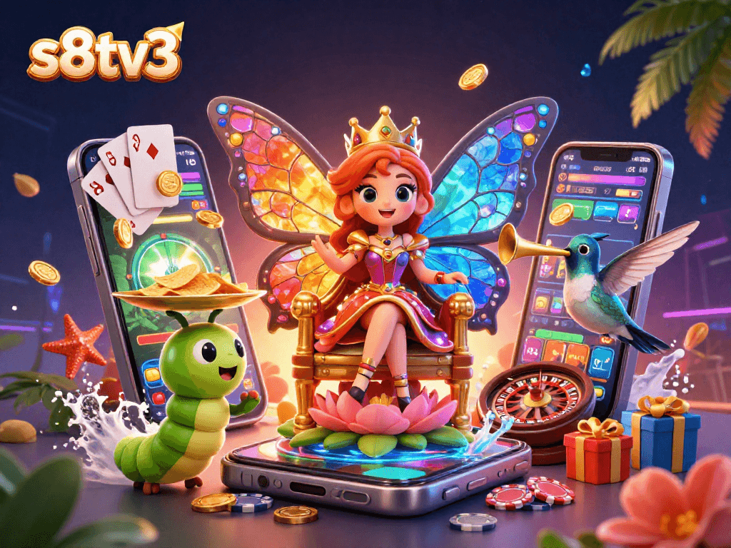 S8TV3 showcases a vibrant casino scene with a butterfly queen, chips, and a betting smartphone.