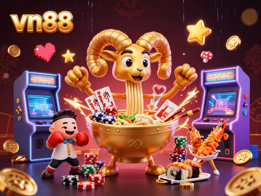 Experience fun and excitement with vn88's lively casino-themed illustration featuring unique characters and vibrant game elements.