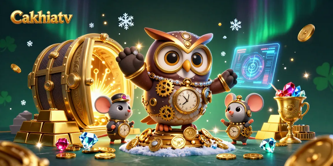 Cakhiatv's vibrant 3D illustration showcases a time-traveler owl enjoying a live casino experience surrounded by shining treasures.