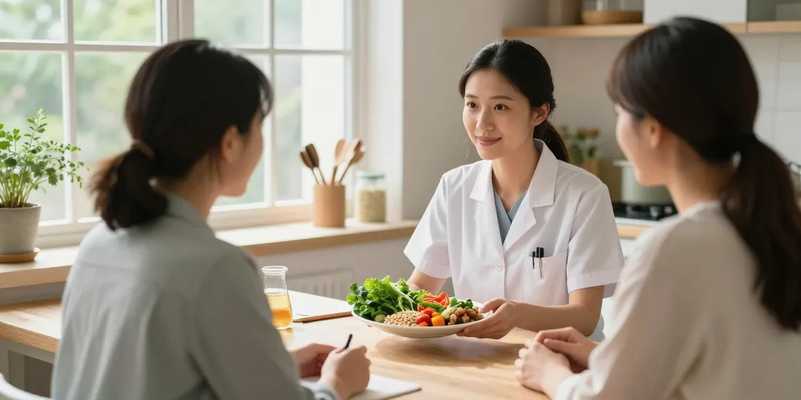 Nutritional Therapist London guiding a client on healthy meals in a warm kitchen setting.