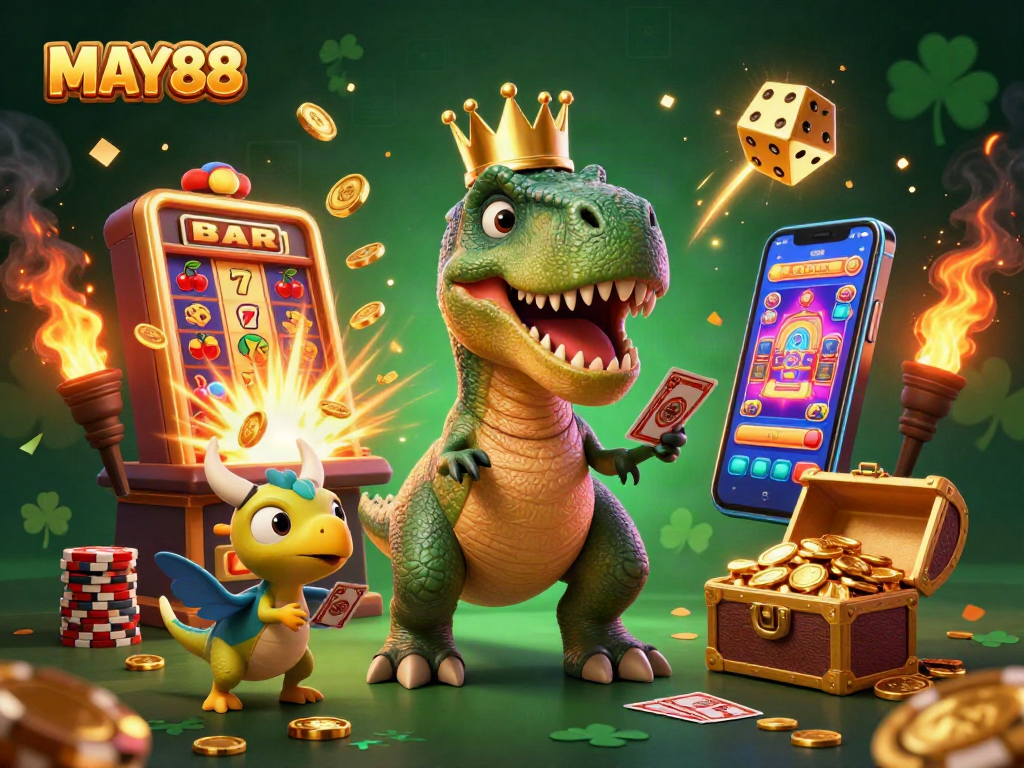 MAY88 showcases a vibrant casino scene with friendly dinosaurs and dynamic gambling elements.