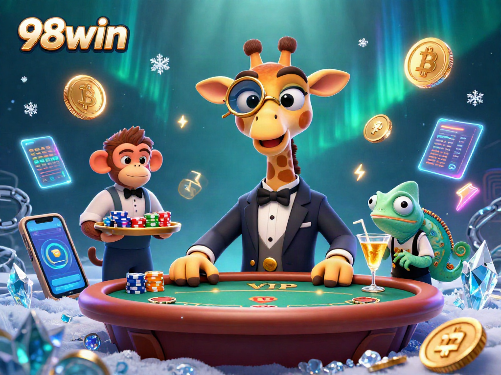 Engage with 98win's vibrant casino scene featuring a giraffe high-roller at a poker table.