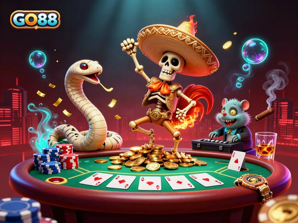 Experience the thrill of GO88 with vibrant casino elements and dynamic characters in a winning atmosphere.