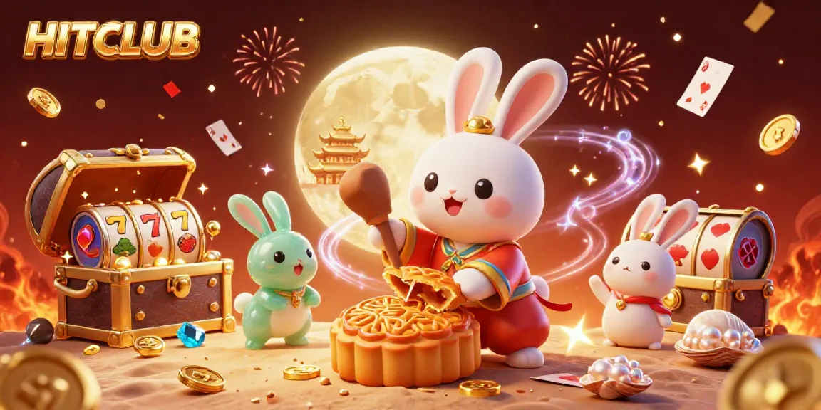 Experience the thrill of HITCLUB with a lucky rabbit illustration featuring vibrant casino elements and celebratory effects.