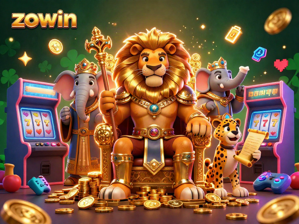 Zowin brings the thrill of slots with a lion king on a gold coin throne, vibrant game elements surrounding.