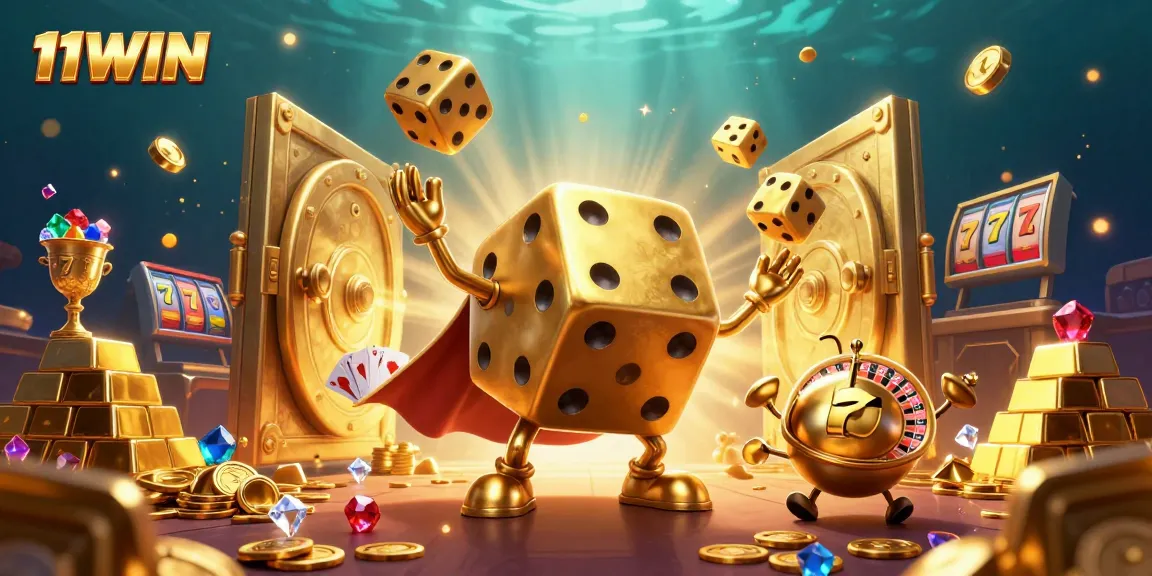 Experience the excitement at 11WIN with golden dice and jackpot reels amidst a vibrant casino scene.