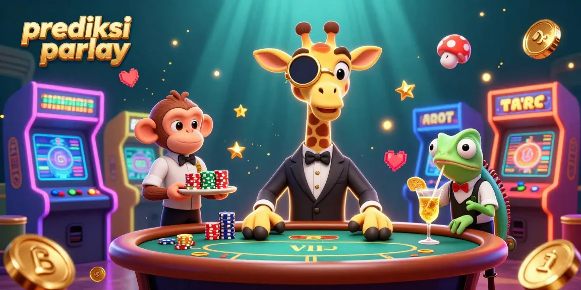 Prediksi parlay scene with a giraffe, monkey, and chameleon in a vibrant casino setting.