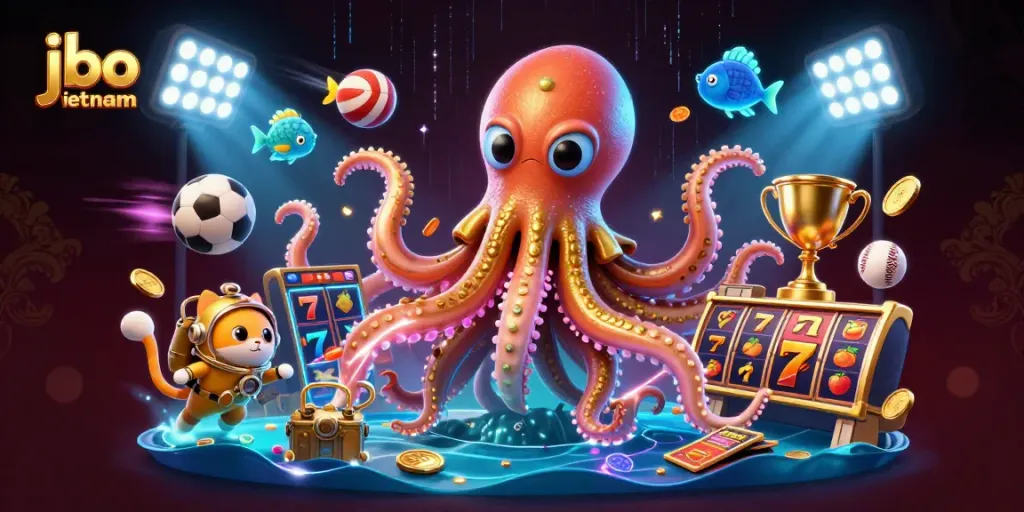 Experience excitement with jbo vietnam in this vibrant 3D casino scene featuring a colossal kraken and a diving cat.
