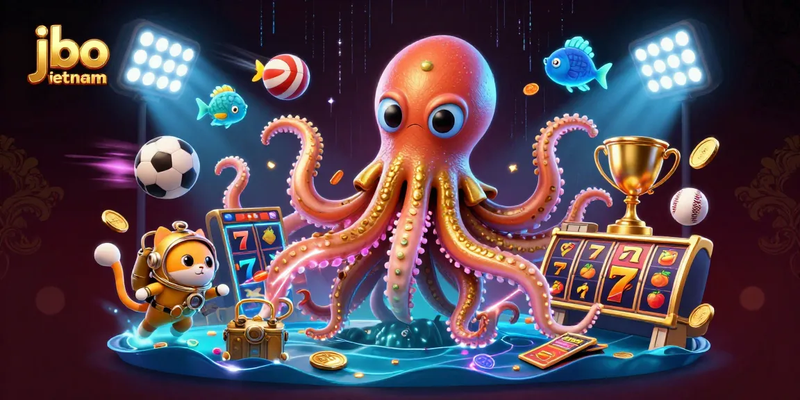Experience excitement with jbo vietnam in this vibrant 3D casino scene featuring a colossal kraken and a diving cat.
