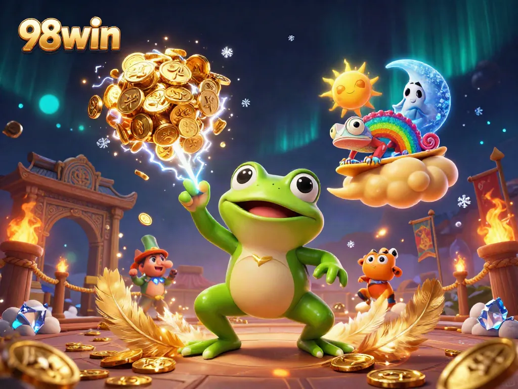 98win evokes excitement with a weather wizard frog and a chameleon amidst a storm of coins.
