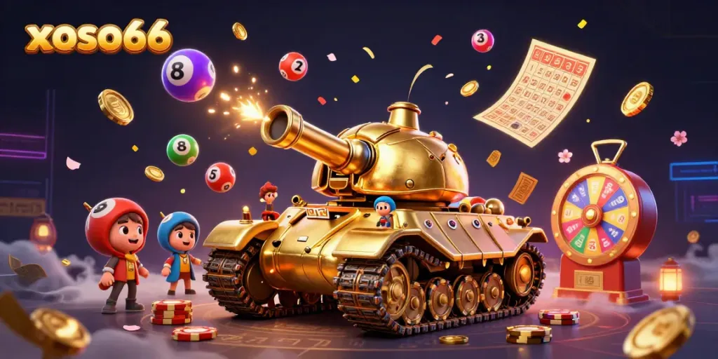 Engage with xoso66 through this vibrant casino-themed illustration showcasing games and excitement.