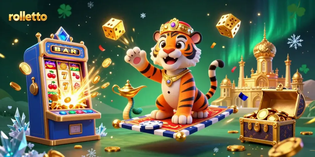 Experience rolletto's vibrant jackpot scene with colorful games and casino elements flying around.
