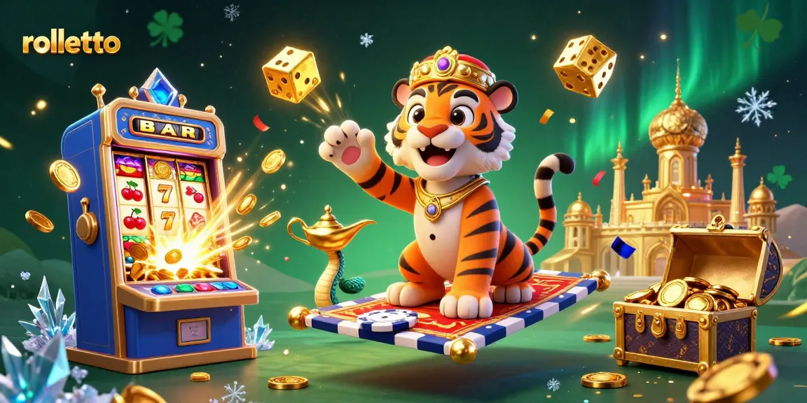 Experience rolletto's vibrant jackpot scene with colorful games and casino elements flying around.