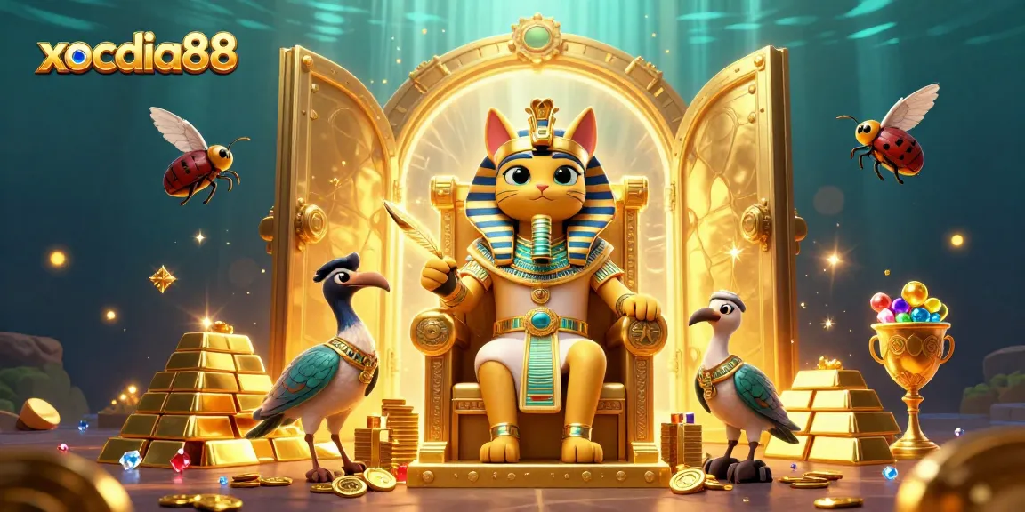 xocdia88 presents a vibrant online gaming scene with a dynamic Egyptian theme filled with treasures.