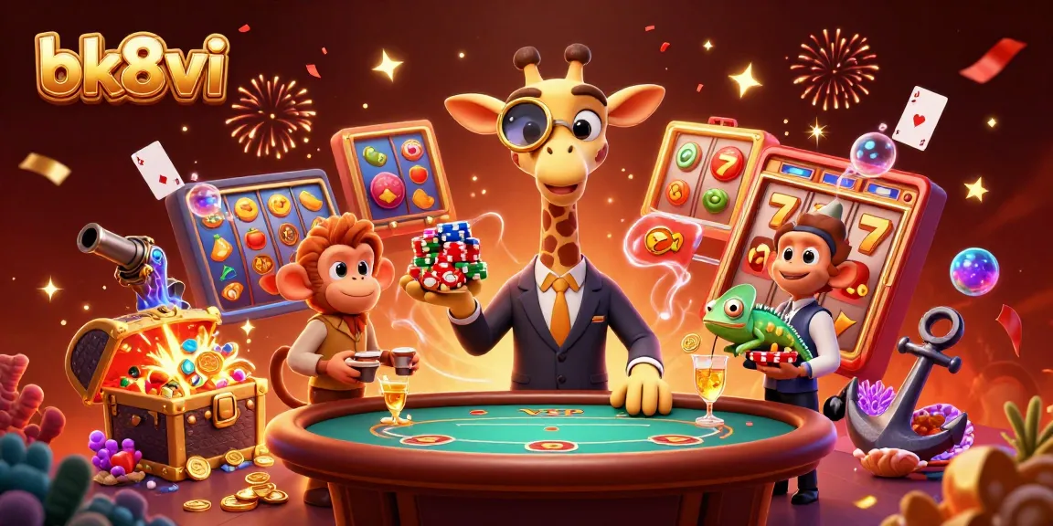 Experience excitement at bk8vi with a high-roller giraffe celebrating wins at a dynamic casino scene.