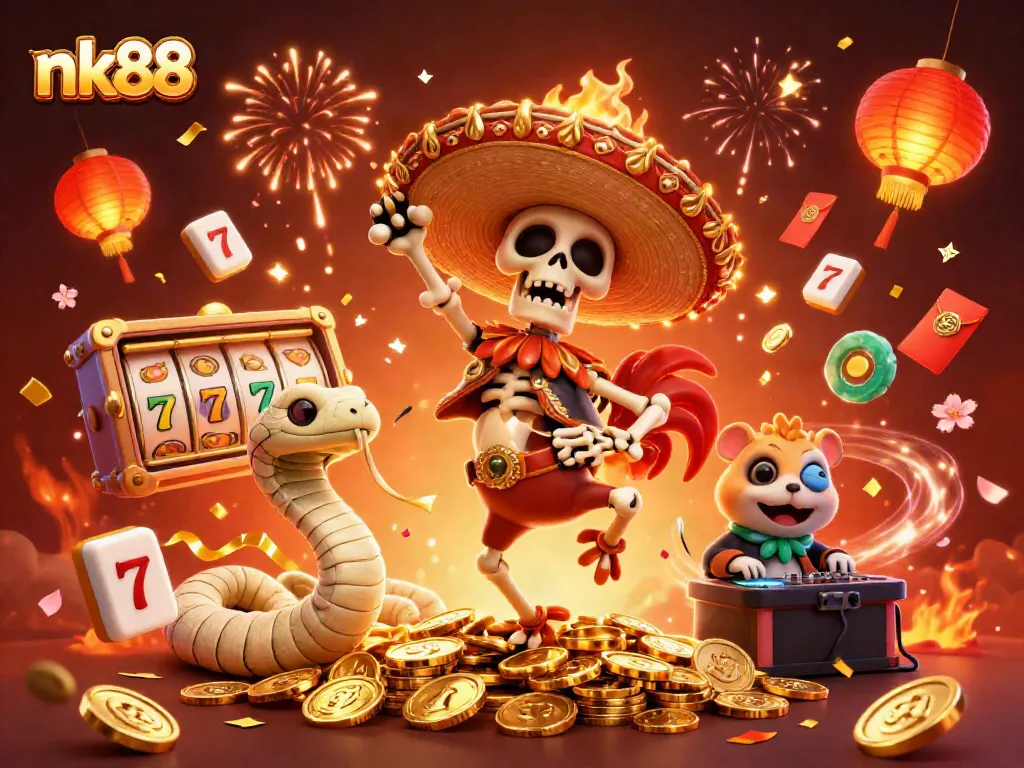 nk88 offers a vibrant gambling experience with a 3D skeleton celebrating on gold coins and slot reels.