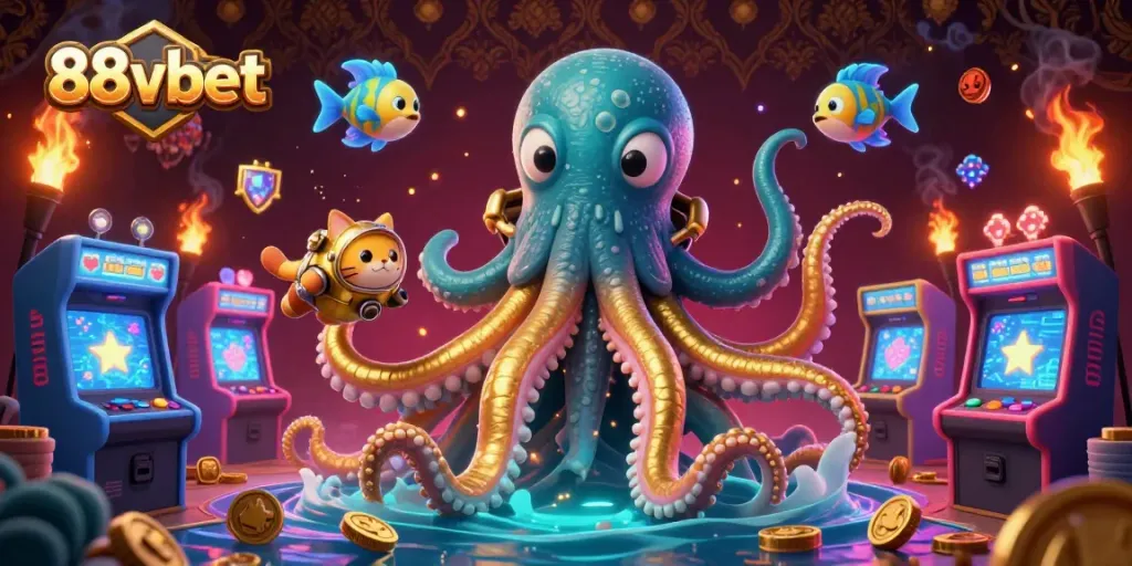 Engage with exciting gameplay at 88vbet featuring a golden tentacled kraken and arcade elements.
