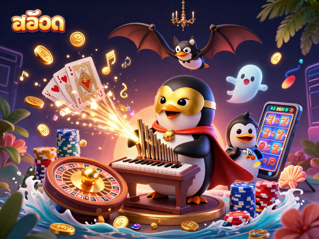 Experience สล็อต excitement with a captivating 3D scene of a penguin playing an organ, surrounded by casino elements.