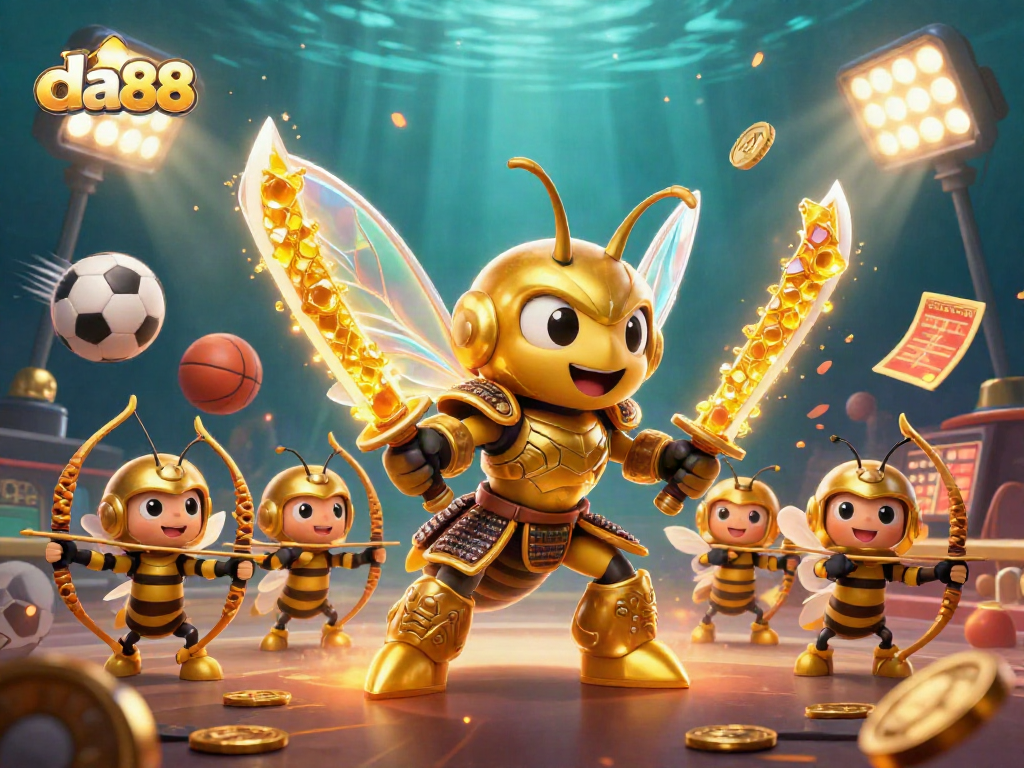 Experience the excitement of da88 with a vibrant casino scene featuring dynamic characters and sports elements.