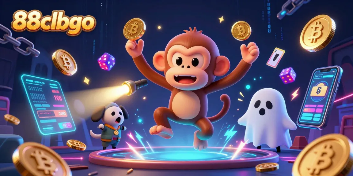 Engage with 88clbgo in an exciting haunted casino scene featuring a playful monkey juggler and a curious puppy.