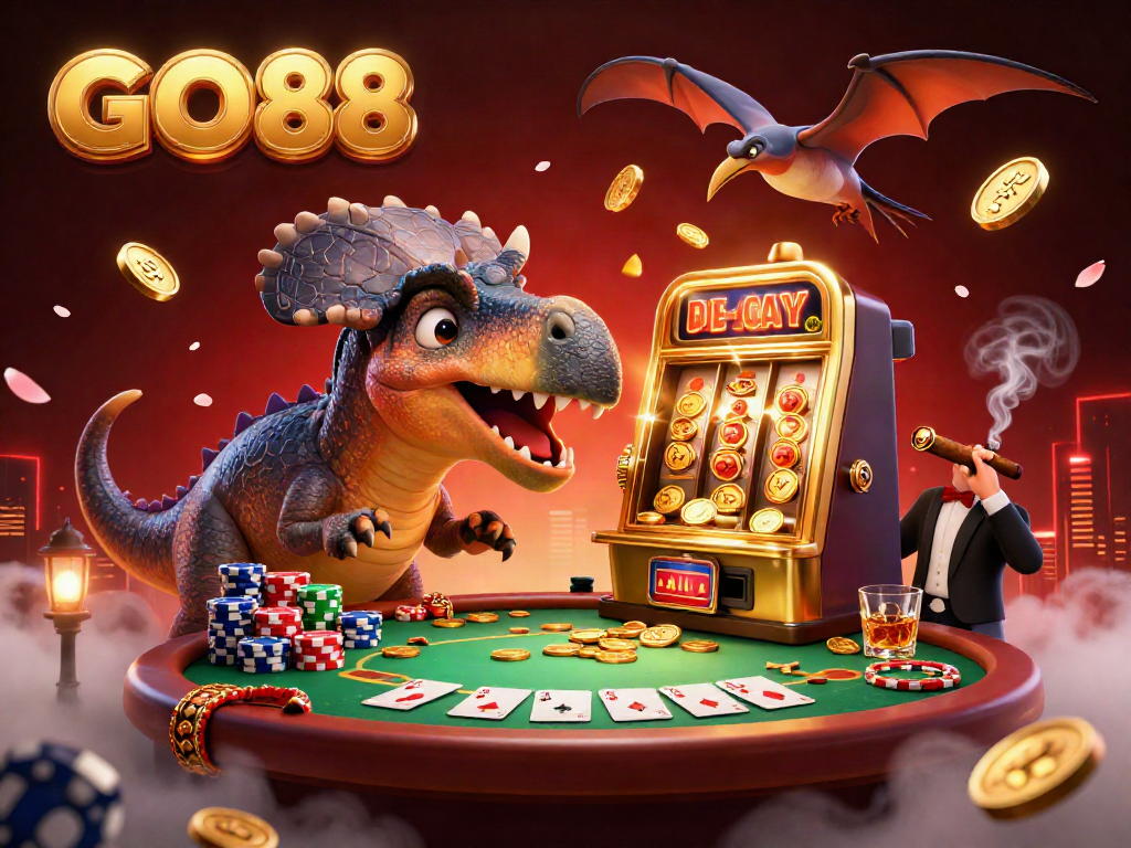 GO88 pachycephalosaurus celebrating jackpot win at a vibrant casino scene with fireworks.