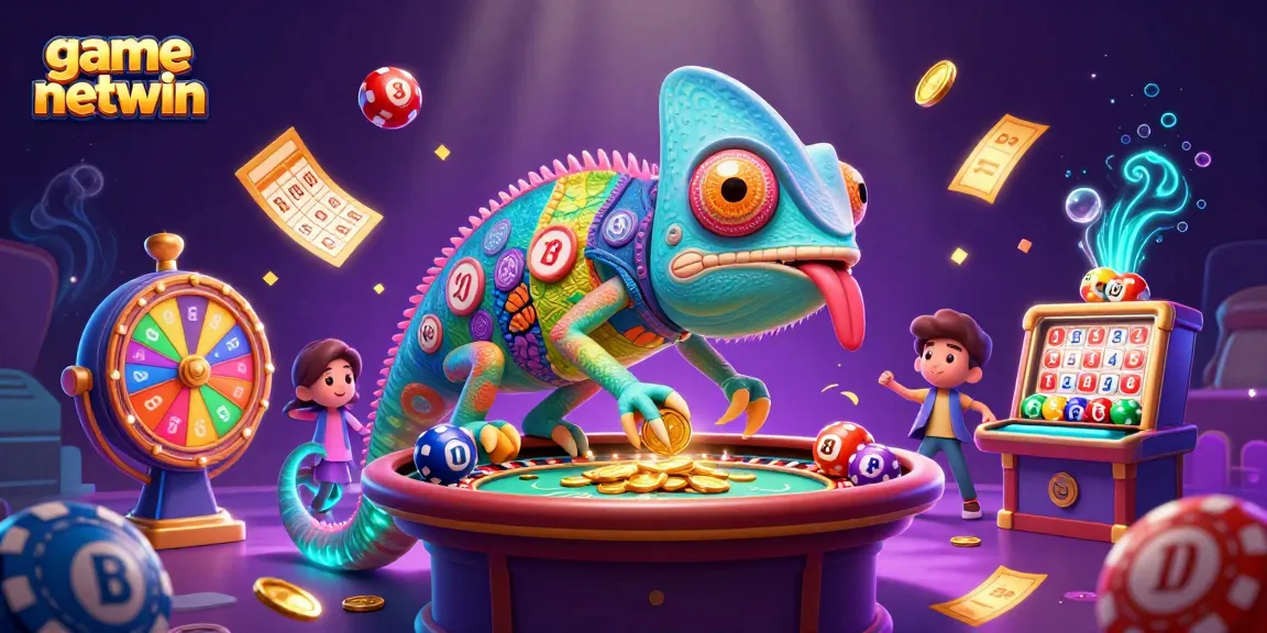Engage with game netwin through an animated scene of vibrant gaming elements and a colorful chameleon casino owner.