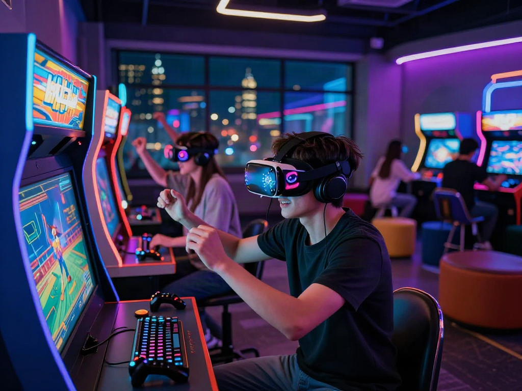 Experience the excitement of porngame in a vibrant, futuristic arcade environment with interactive VR gaming.