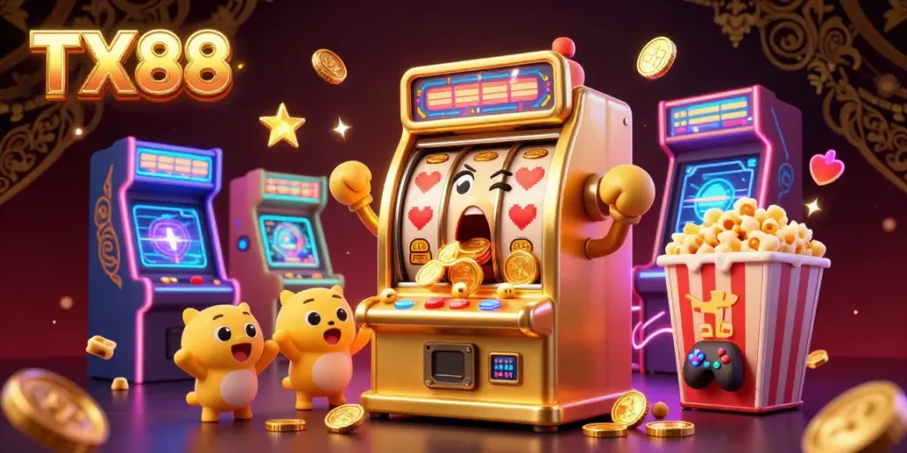 Win big at TX88 with a lively scene featuring a cartoon slot machine in shock and smaller machines cheering as coins burst forth.