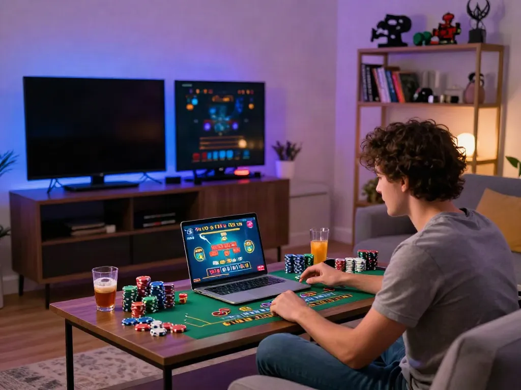 Engaging scene of a player at a non Gamstop casino, enjoying live gaming from home.