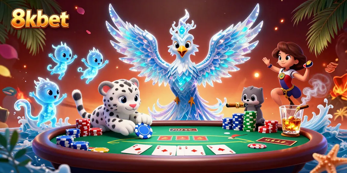 Engage in thrilling gameplay at 8xbet with vibrant characters, poker elements, and glowing casino visuals.