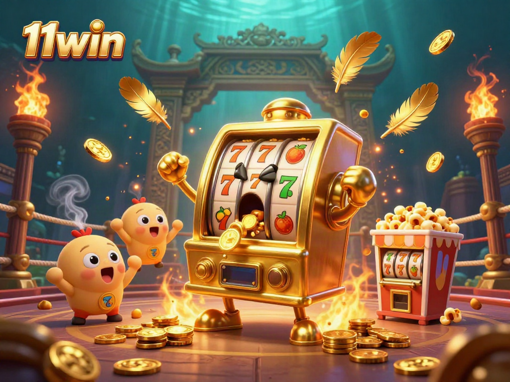 Exciting 11win jackpot scene with golden slot machines and a vibrant casino atmosphere.