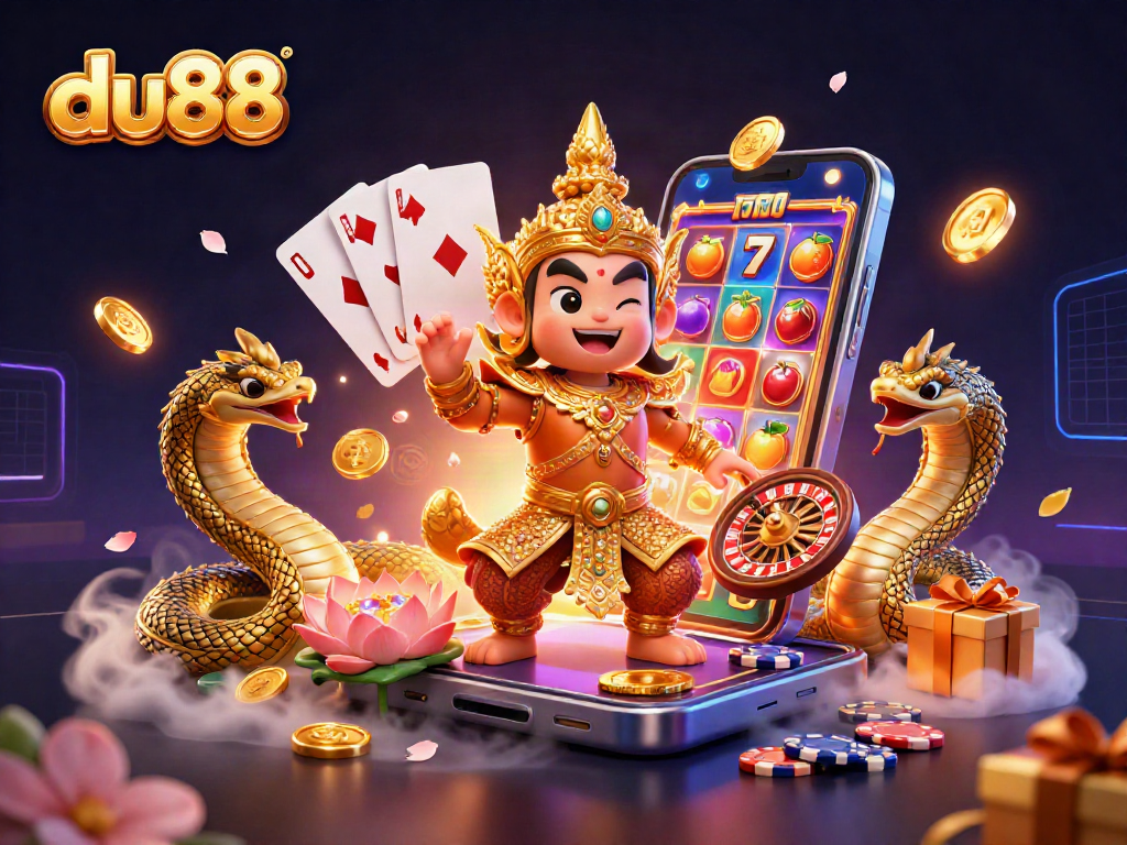 Engage with du88's thrilling slot games featuring cartoon Thai guardian and rich visuals.