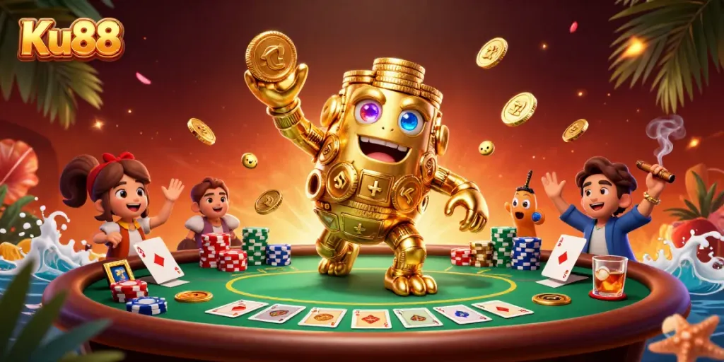 Engage with Ku88's dynamic gaming scene featuring golden golem and exciting poker elements.