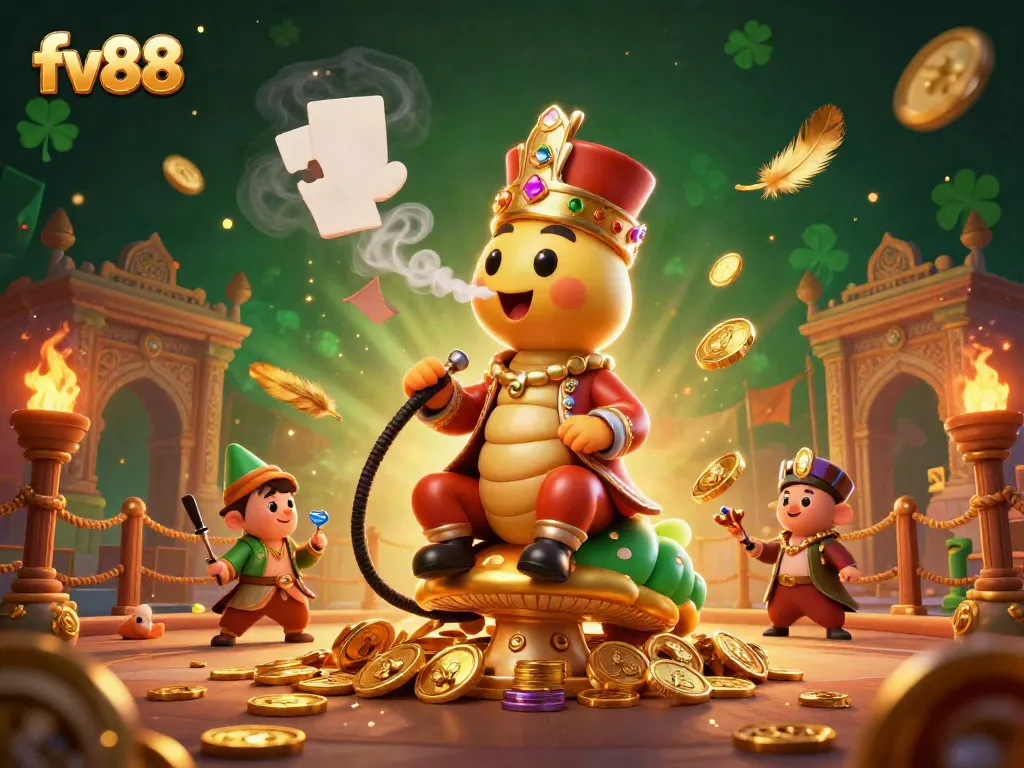 Experience the vibrant gaming atmosphere of fv88 with a surreal illustration of a caterpillar master of poker magic.