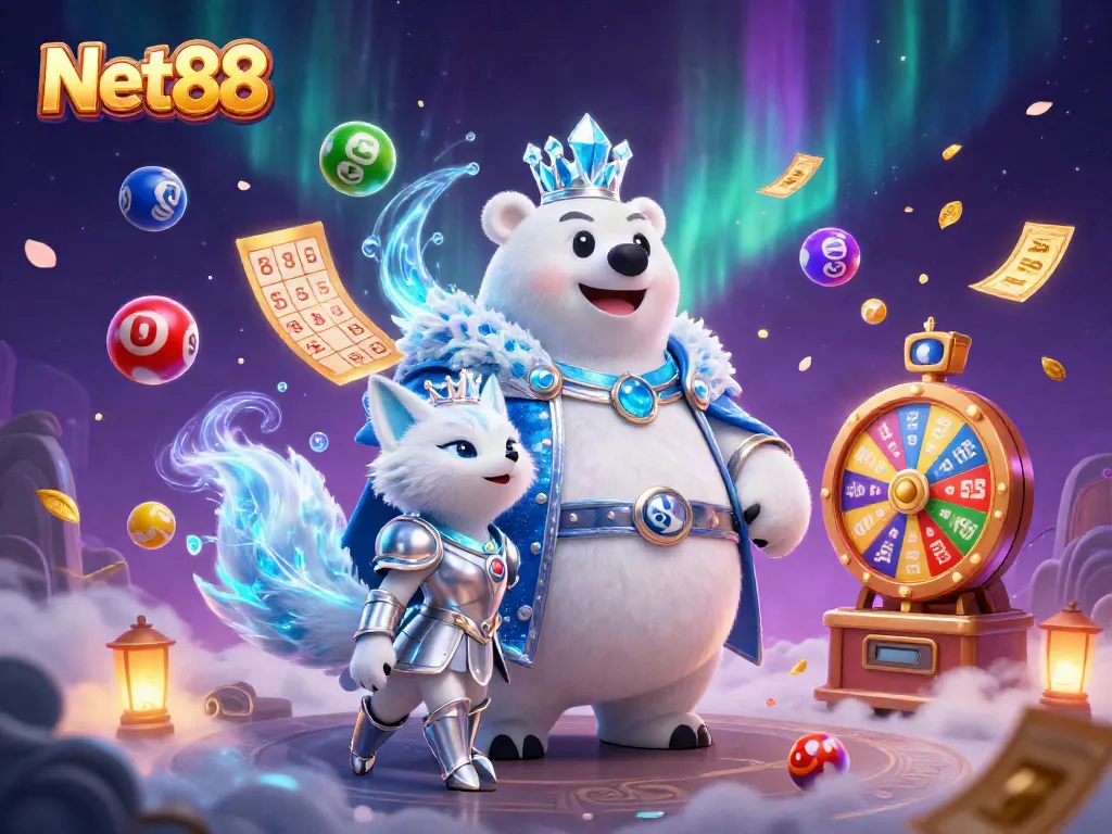 Engage with Net88's vibrant gambling scene featuring dynamic lottery elements and energetic characters.