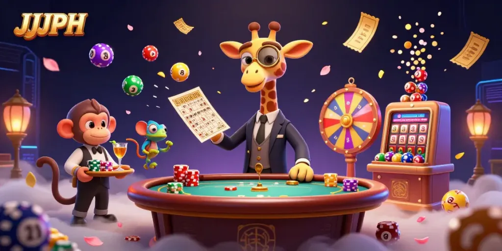 Engage in thrilling gaming at JJJPH with a dazzling VIP scene featuring playful characters.