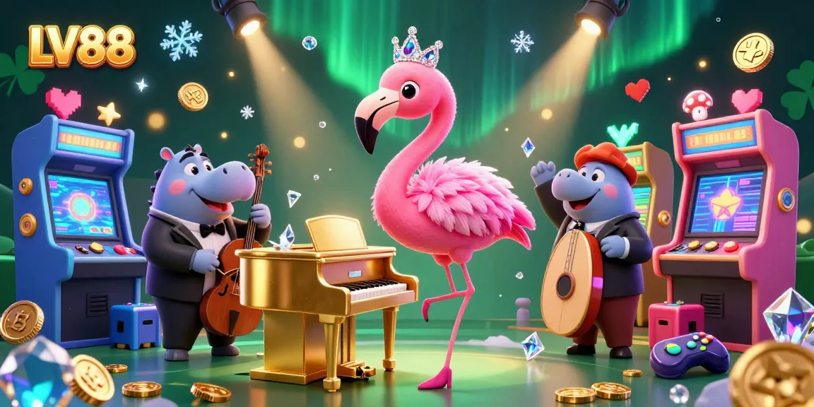 Engage with LV88's vibrant casino scene featuring a flamingo singer, hippo bassist, and arcade games.