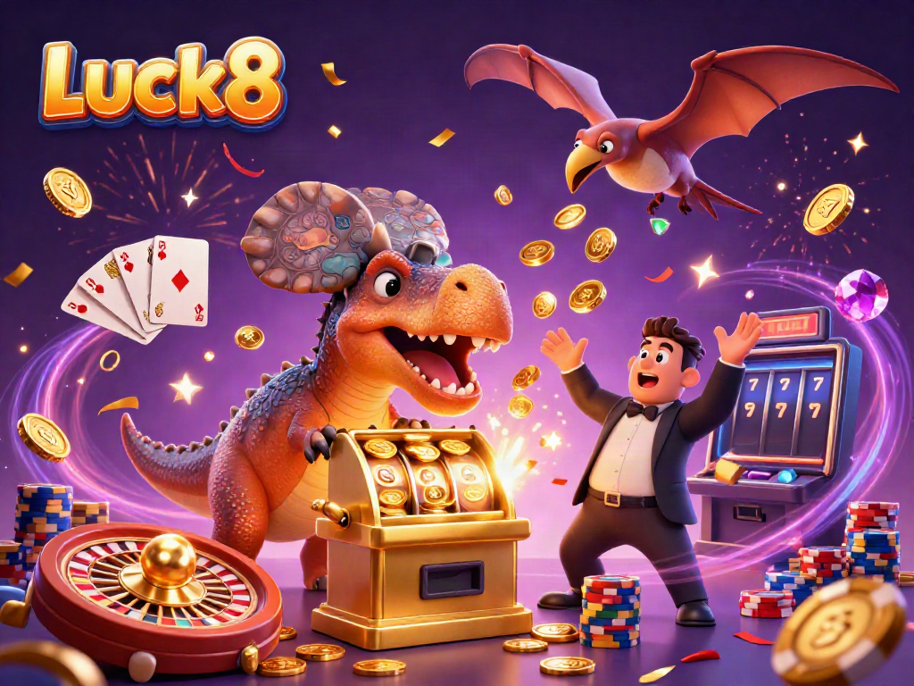 Luck8's vibrant casino scene with a pachycephalosaurus headbutting a slot machine, coins cascading around.