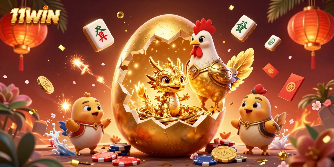 Engage with the 11WIN casino as the golden dragon reveals treasures amidst vibrant gaming elements.