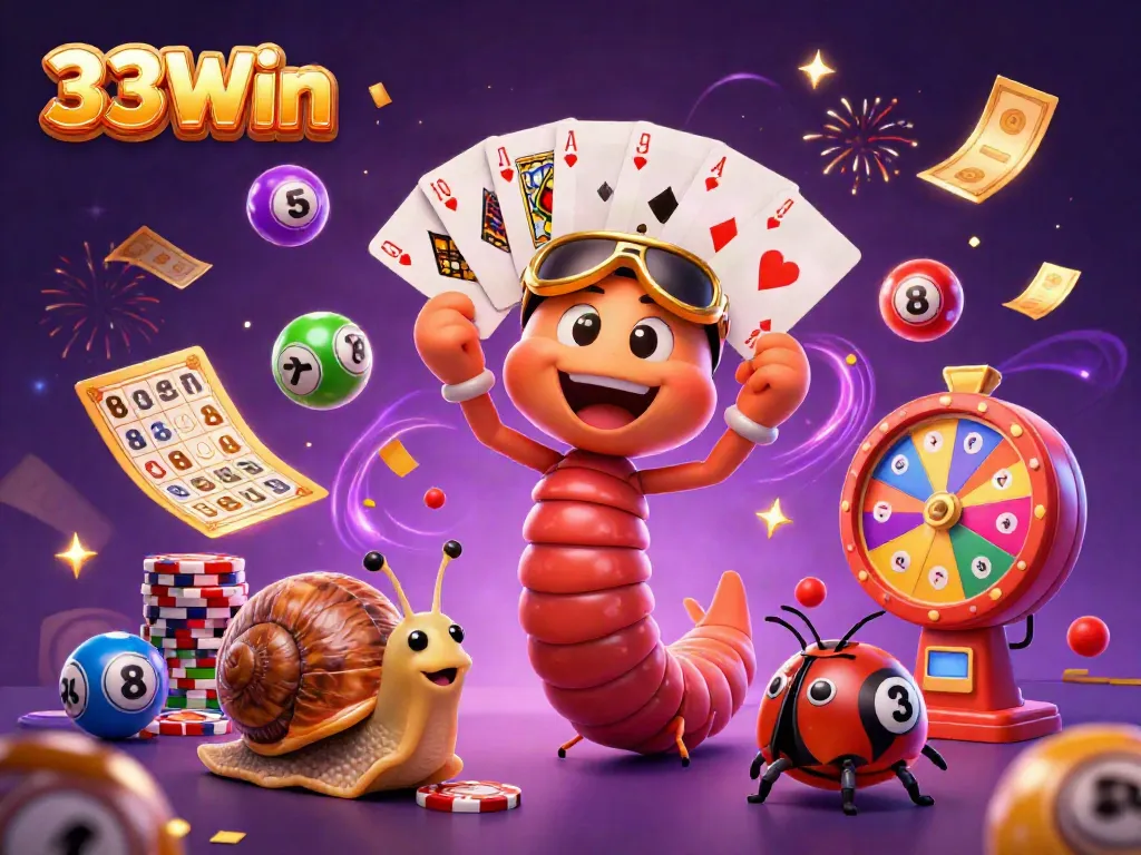 Engage with thrilling games at 33Win, featuring colorful lottery balls and interactive characters in a vibrant casino scene.