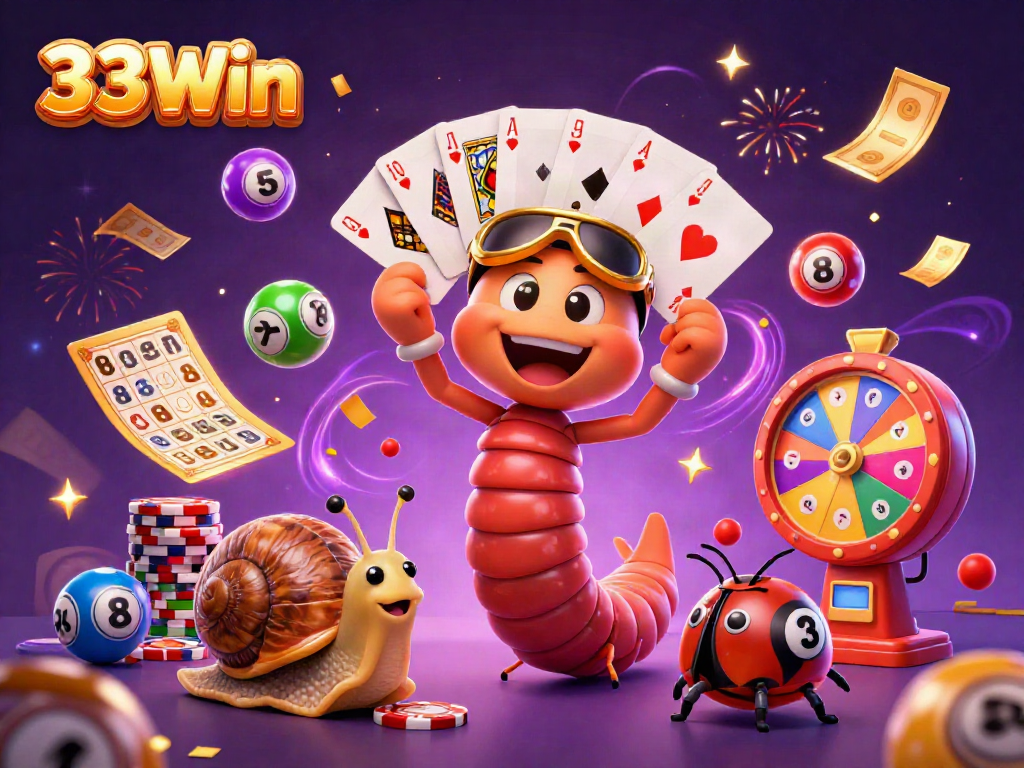 Engage with thrilling games at 33Win, featuring colorful lottery balls and interactive characters in a vibrant casino scene.